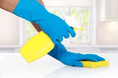 Carpet cleaner preparing a safe work area before starting a cleaning task